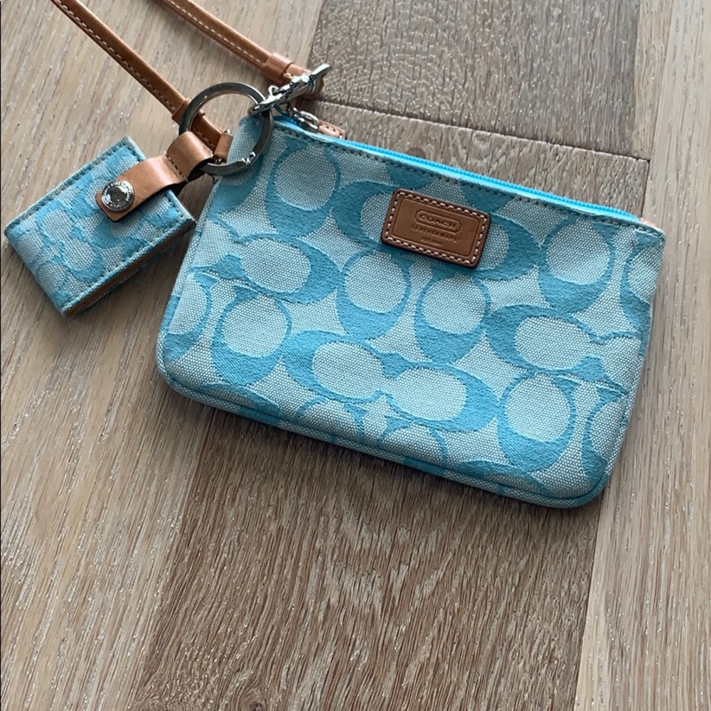 Coach Signature Wristlet- Blue with Tan Leather